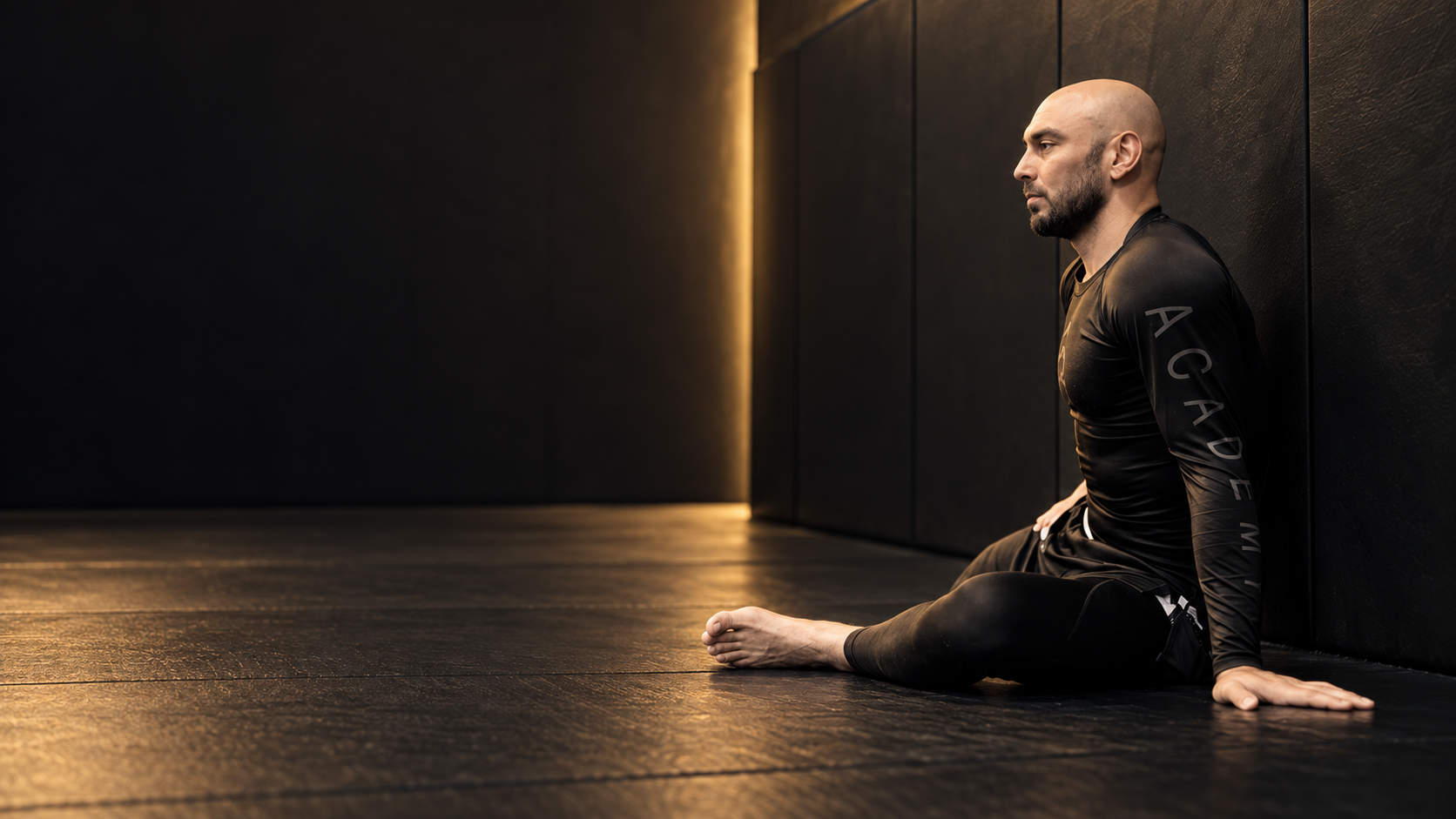 Cinematic portrait of Alex seated on the training mats, edited from his original photograph.